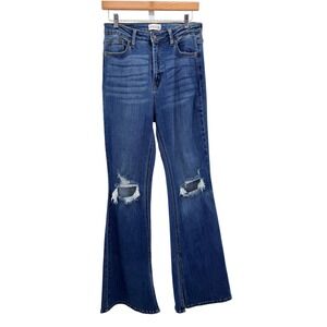Cello Womens High Rise Distressed Flare Jeans Blue Side Slit Sz 11 Western Glam